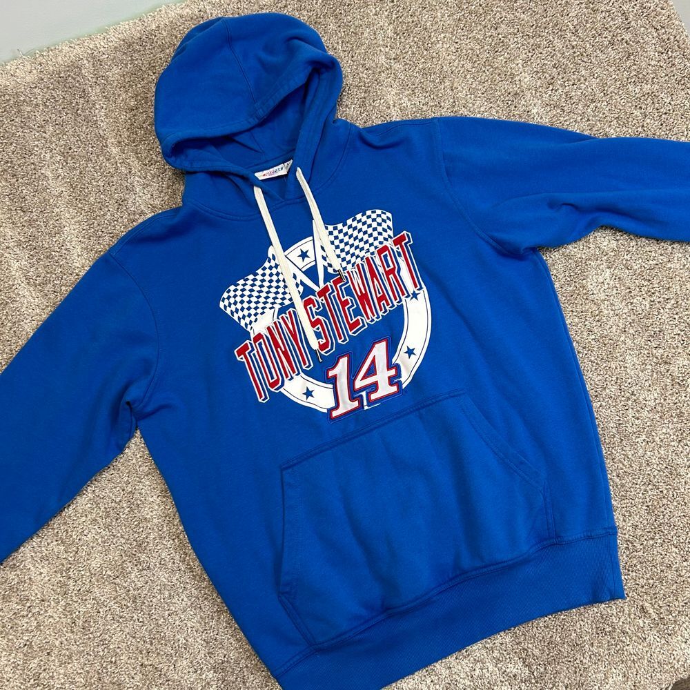 Nascar Tony Stewart #14 Hoodie Sweatshirt Men Size Large Embroidered Blue (671)